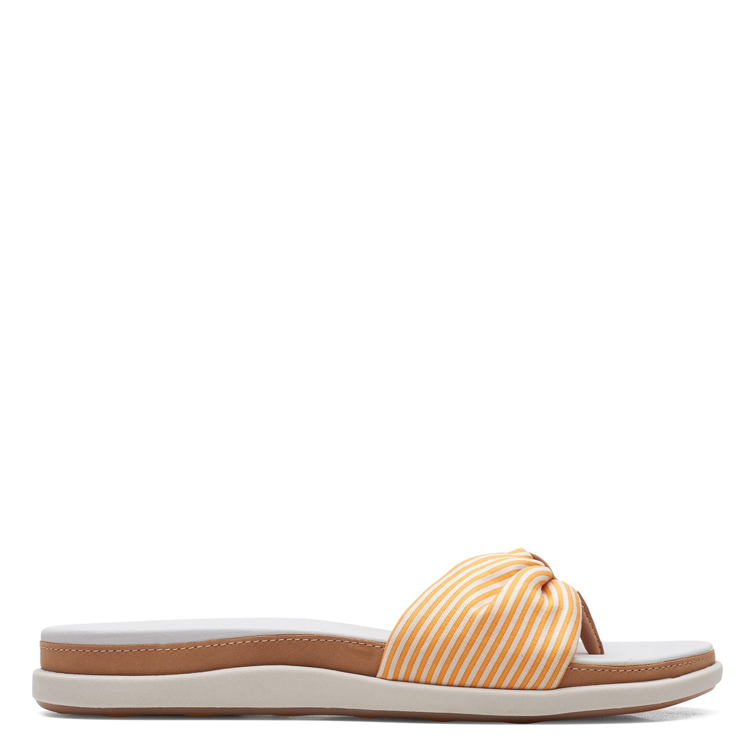 Peltz Shoes  Women's Clarks Eliza June Sandal Golden Yellow/Off White Canvas 26159834