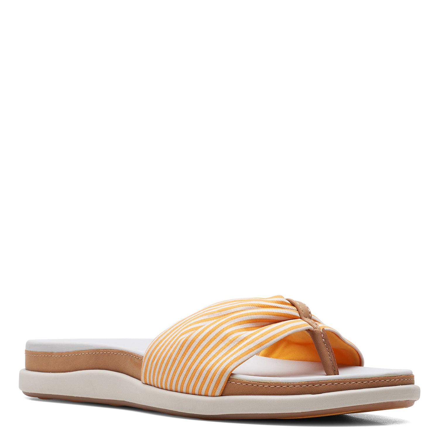 Peltz Shoes  Women's Clarks Eliza June Sandal Golden Yellow/Off White Canvas 26159834